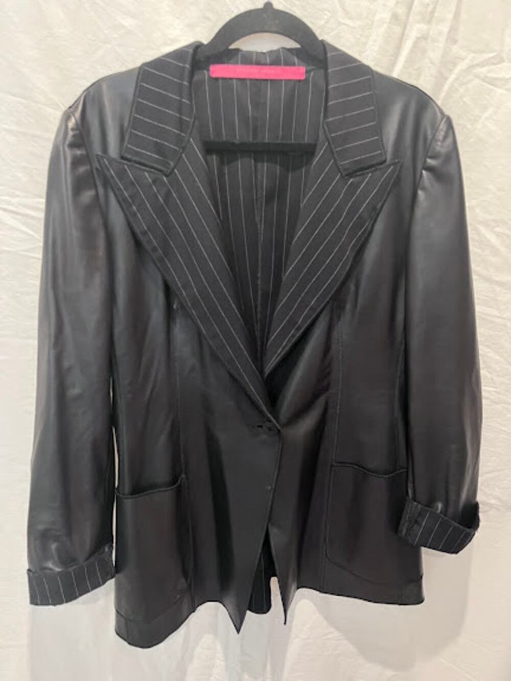 Emmanuel Ungaro Paris Black Leather Pinstripe Wool Blazer Jacket 80s Designer
